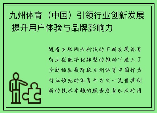 九州体育（中国）引领行业创新发展 提升用户体验与品牌影响力